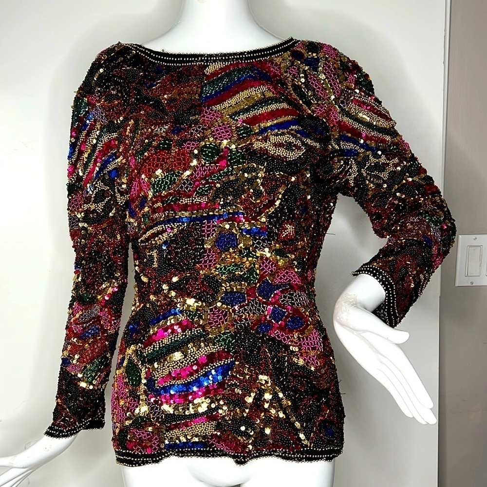 Vintage Sz M Back Zip Fully Beaded Knit Overlay Lined Long Sleeve Blouse